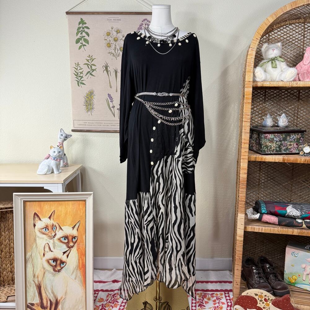 90s Y2k Zebra Beaded Asymmetric Maxi Dress Fairy Grunge Lagenlook Art To Wear 1X